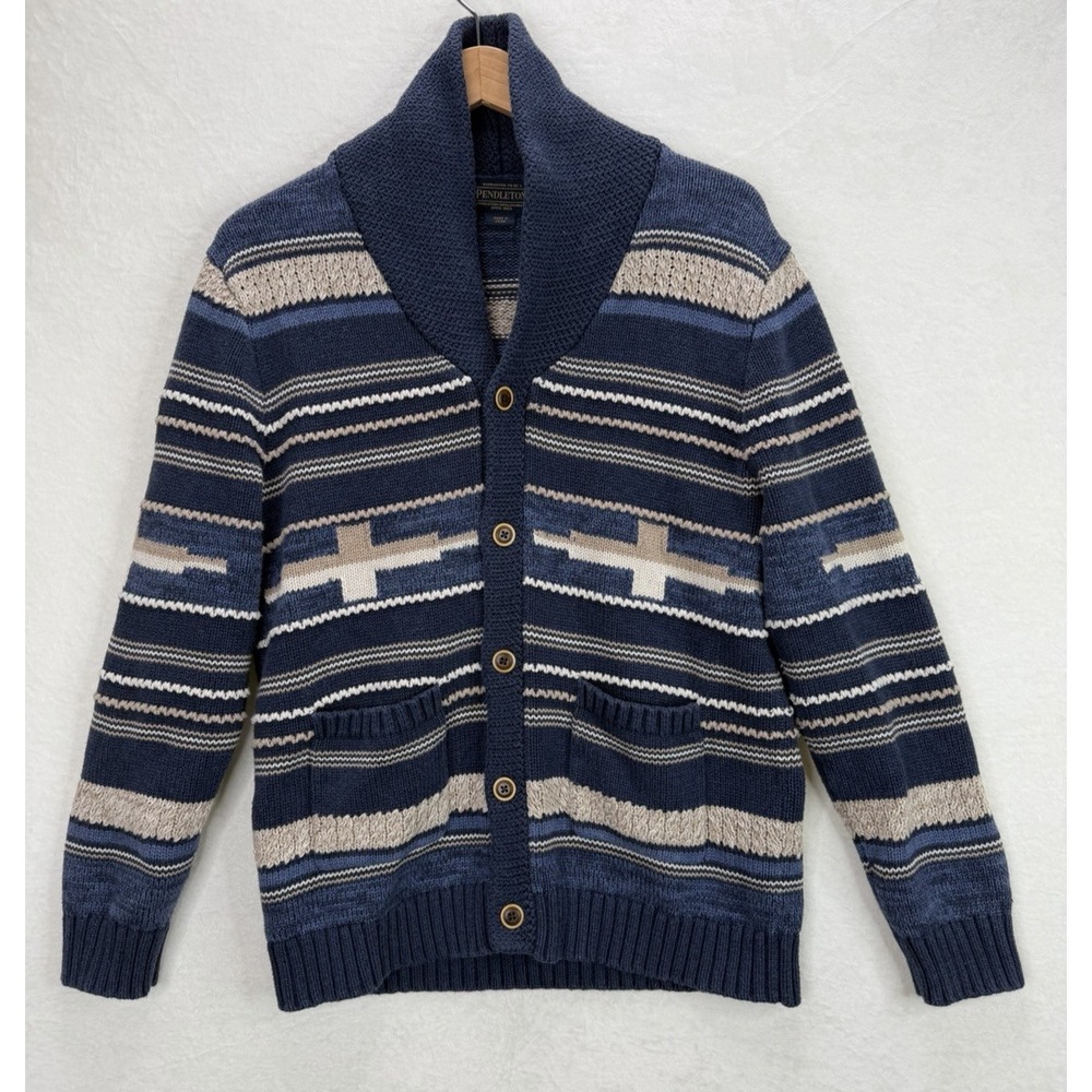 Pendleton Men's Shawl Collar Southwest Sweater in Blue Stripe Size Medium - Picture 1 of 8